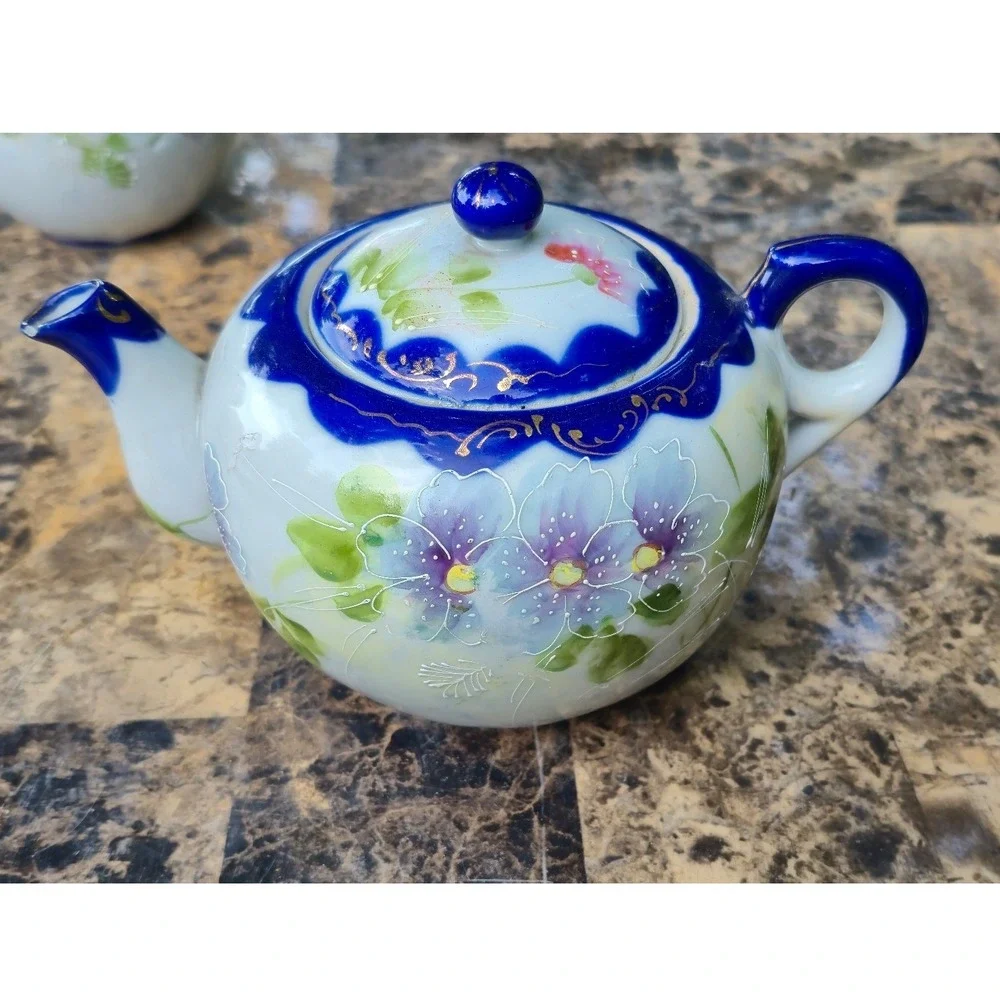 Vintage Made in Japan Hand Painted‎ Floral Tea Pot and Sugar Bowl Cobalt  gold